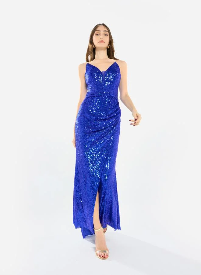 House of Moda Women Sequin Strappy Drape Maxi Dress